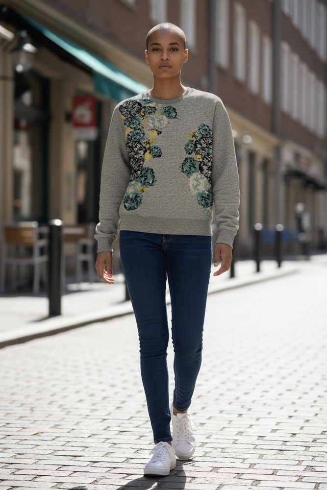 J Crew Woman's Floral  Long Sleeve Sweatshirt-Medium Grey,Yellow,Blue