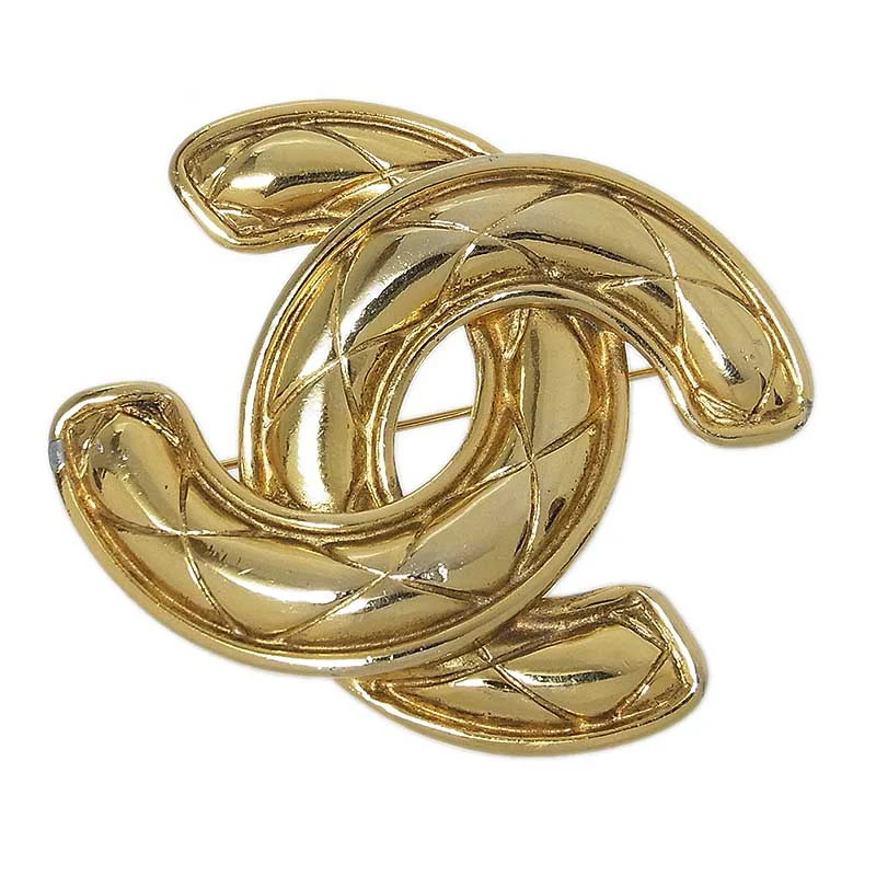 CHANEL Vintage Coco Mark Brooch Gold Tone Quilted Logo Pin