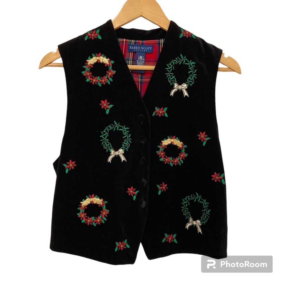 Vintage Christmas Embroidered Vest Black Velvet Karen Scott Women's Size PM