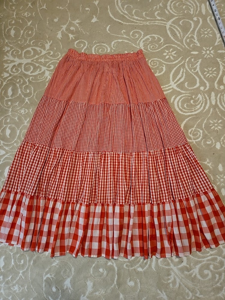 Orvis Red Check Tiered Crinkle Boho Maxi Skirt Size XL Elastic Waist