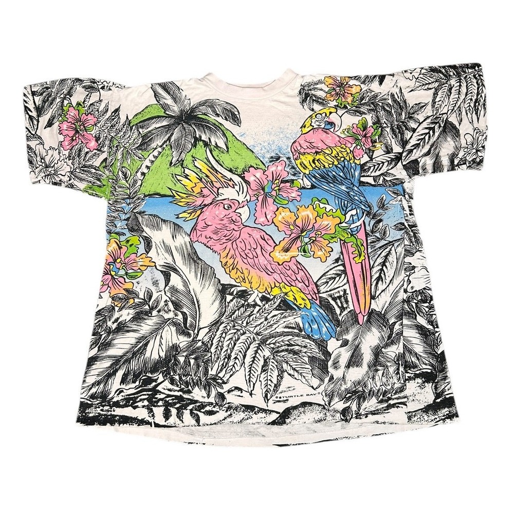 Vintage 90s Tropical Safari Jungle Parrots AOP Single Stitch T-Shirt Size XXL