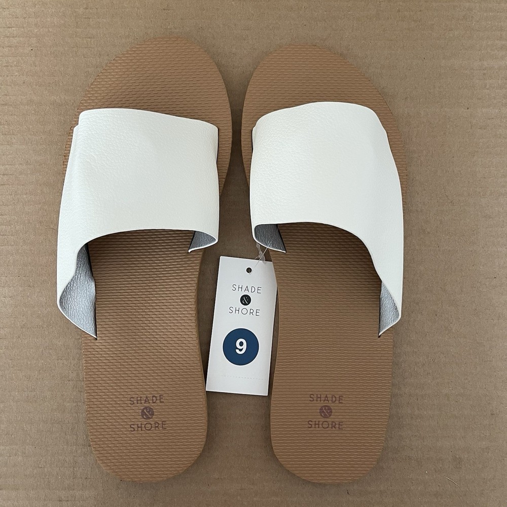 Women’s Shade & Shore Annalise White Slide Sandals 9 NWT Casual Summer Flats