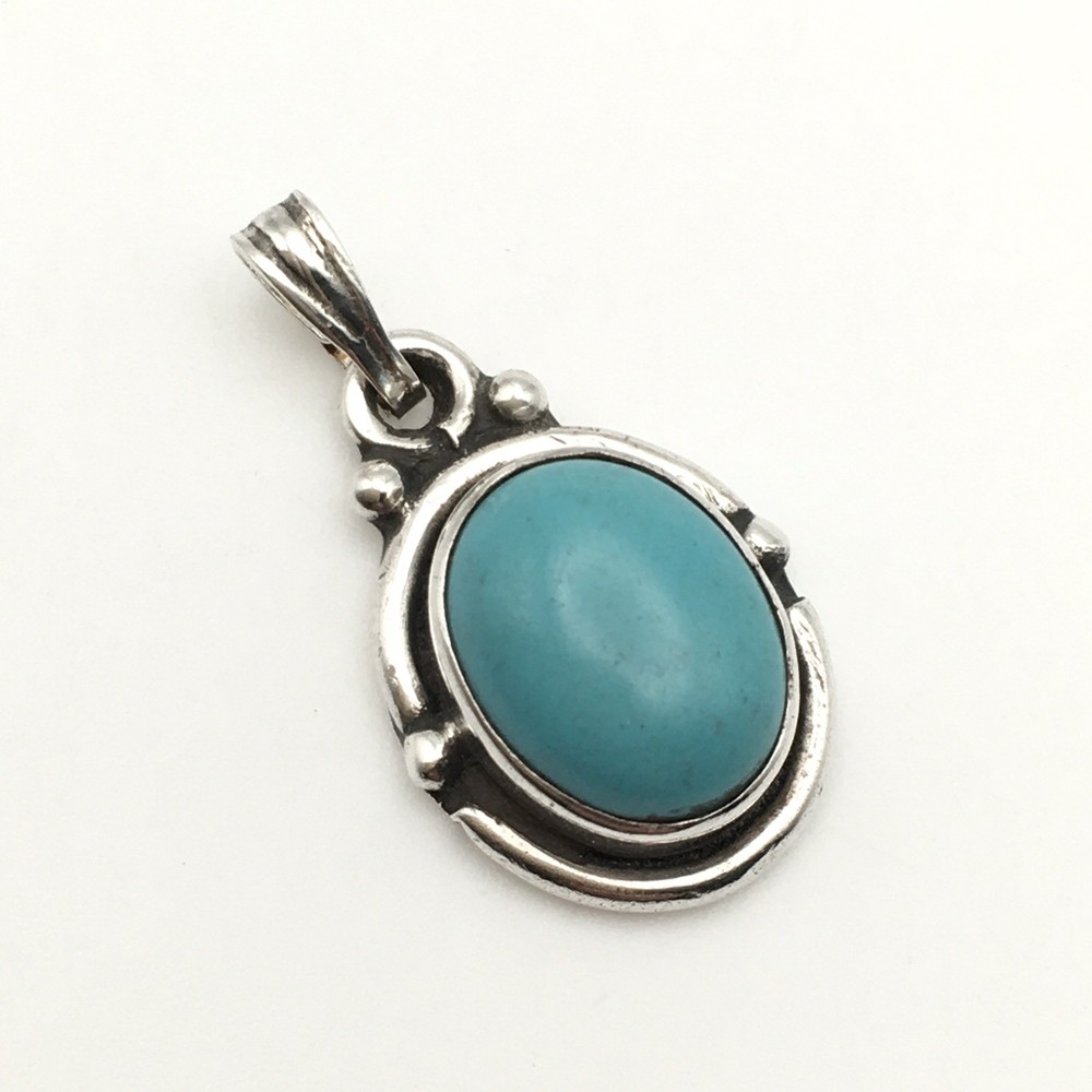 Vintage Sterling Silver Dainty Turquoise Oval Pendant Marked 925 2g #95