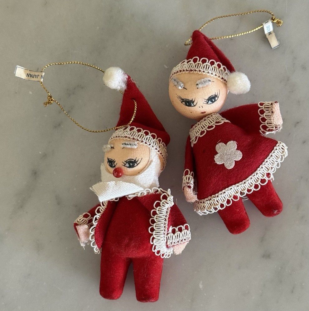 Vintage Christmas MCM Flocked Stocking Face  Santa & Mrs. Claus JAPAN RARE