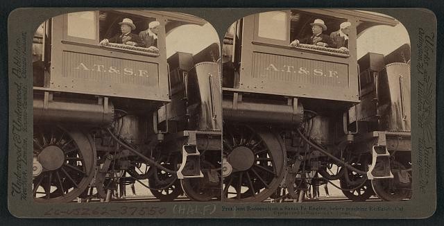 Photo of Stereograph,President Theodore Roosevelt,Santa Fe Engine,Redlands,CA