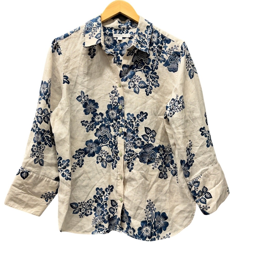 Chico's Linen Blouse Womens Large Blue Cream Floral Button Up Coastal 3/4 Sleeve