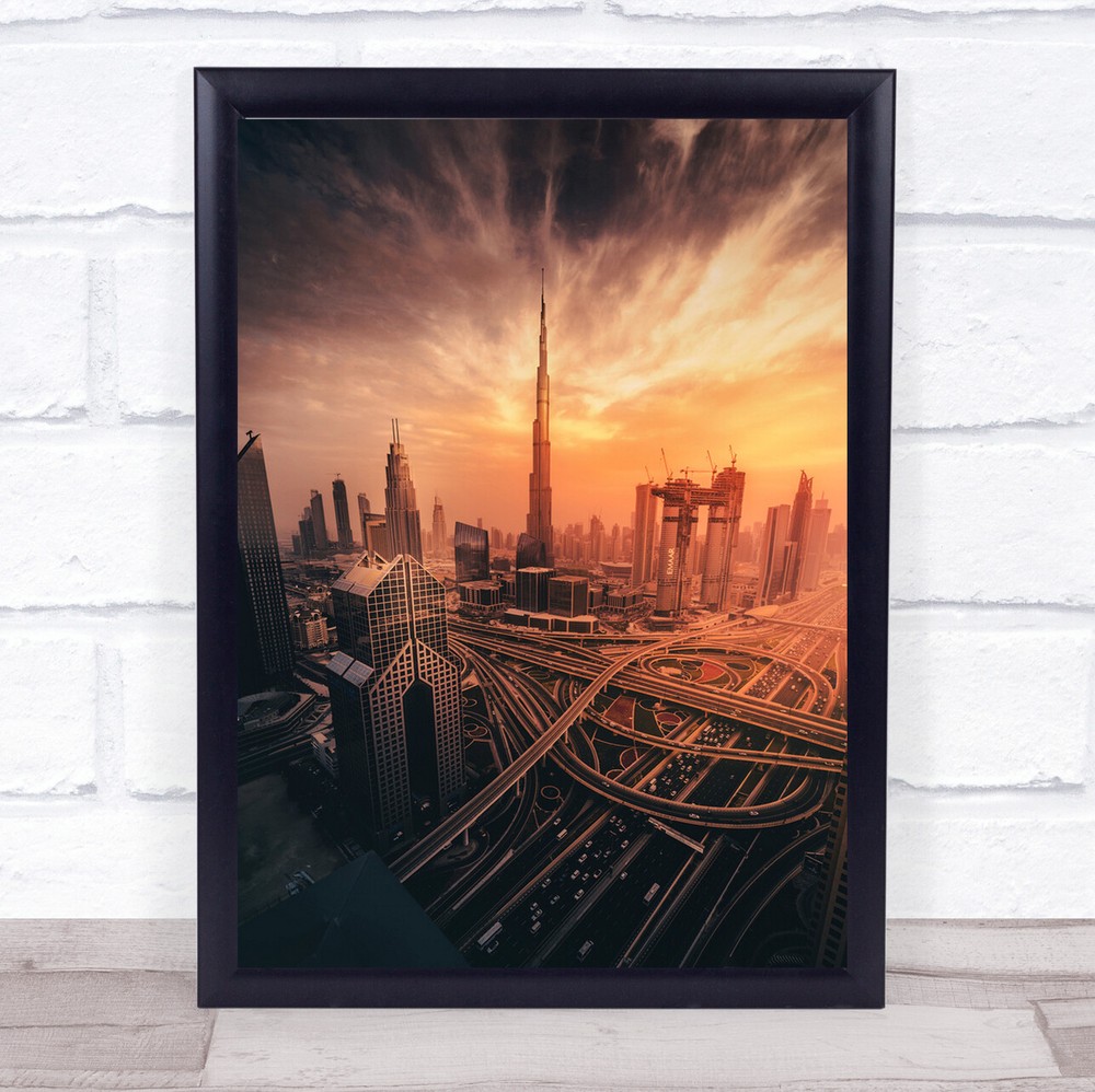 Dubai's Fiery Sunset Dubai Uae Travel Architecture Windy Roads Rooftop Art Print