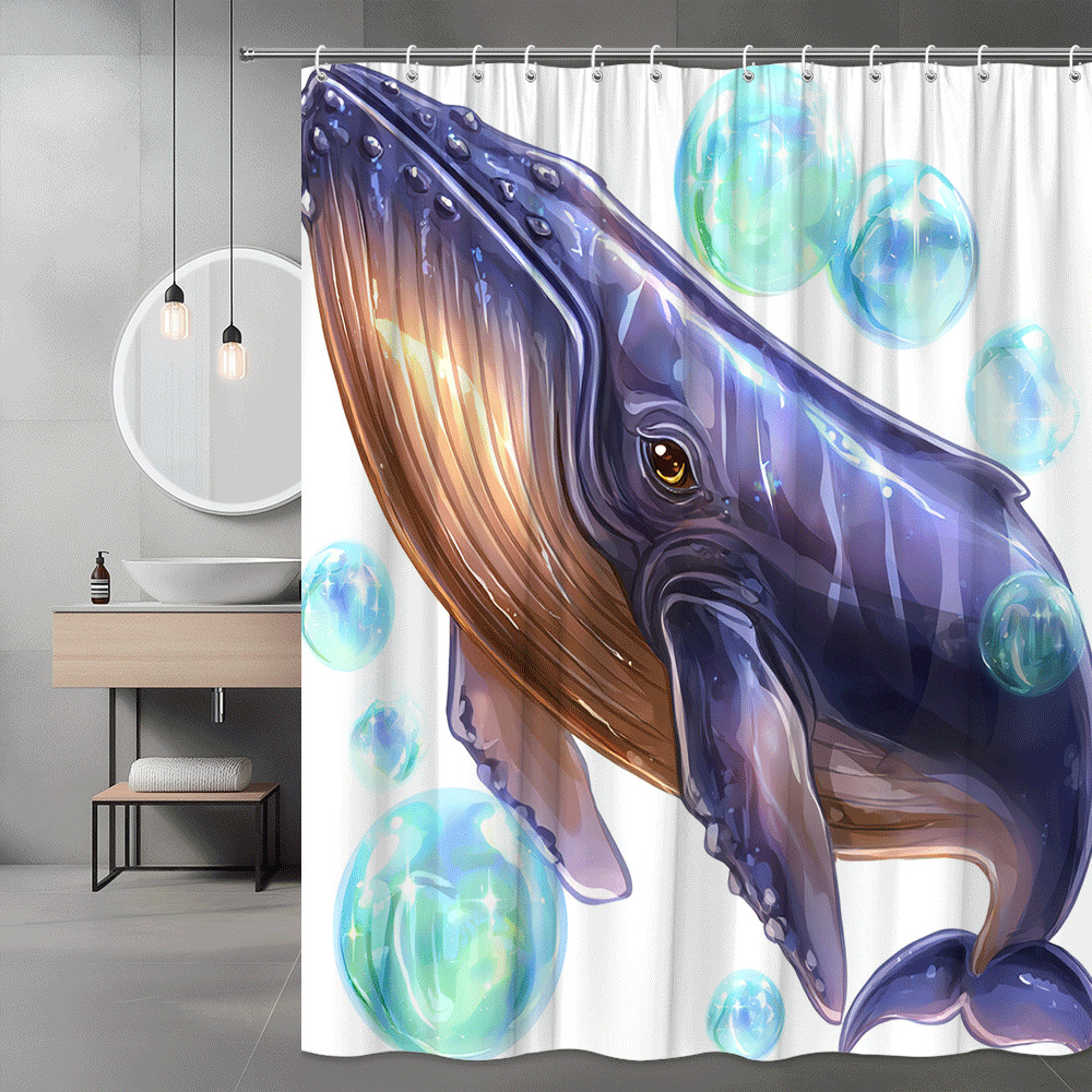 Whale Shower Curtain Blue Bubble Ocean Animal Print
