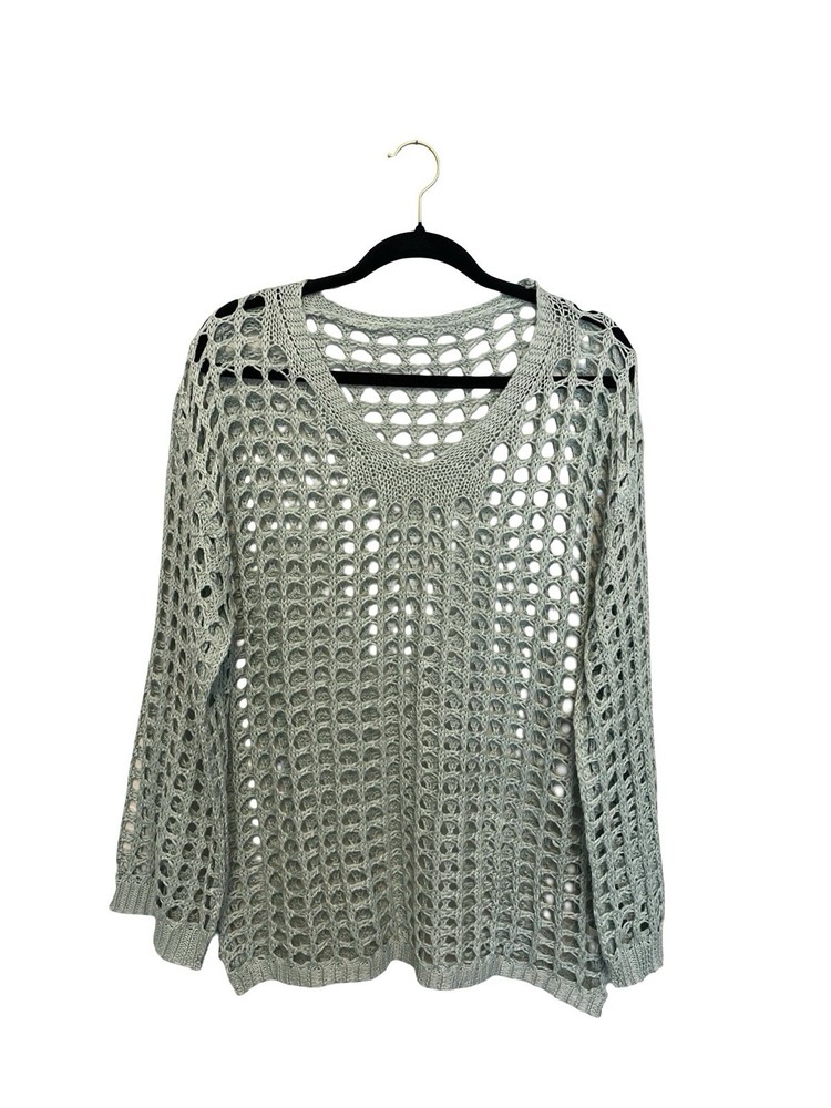 Mint Green Open Knit Crochet Sweater XL Beach Cover Up Boho Lightweight Top