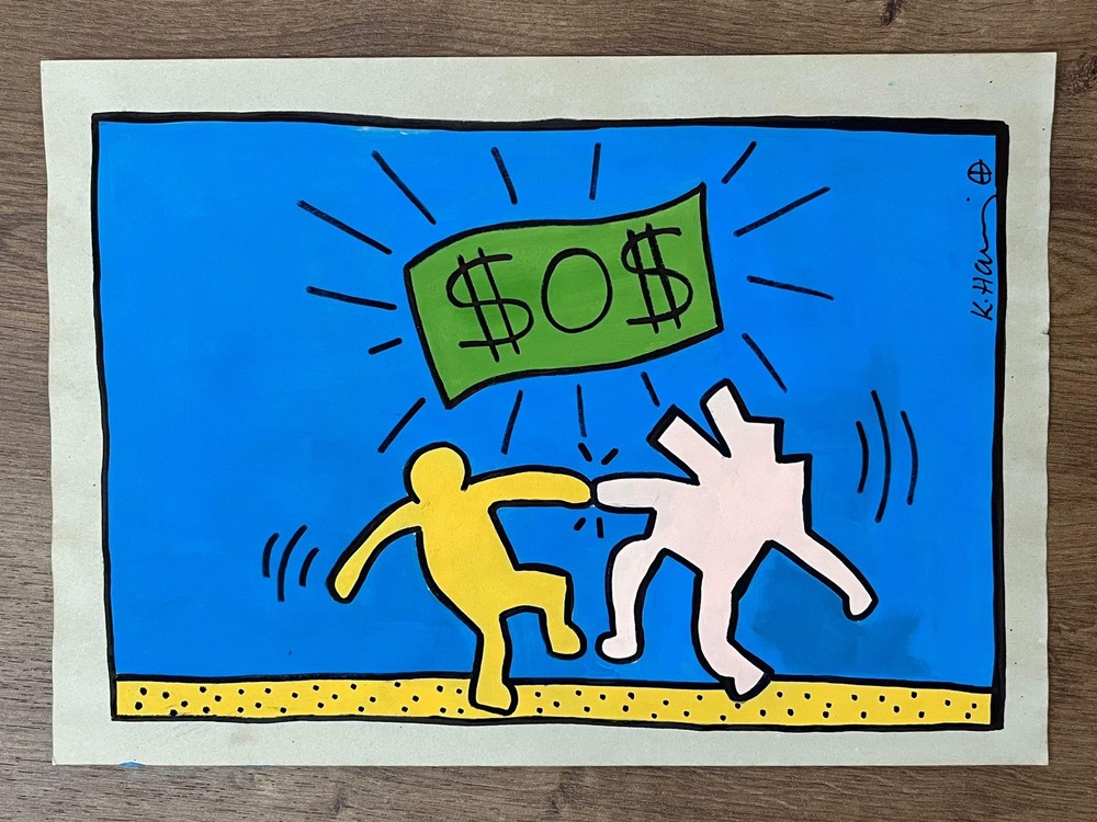 Keith Haring Drawing on paper (Handmade) signed and stamped mixed media.