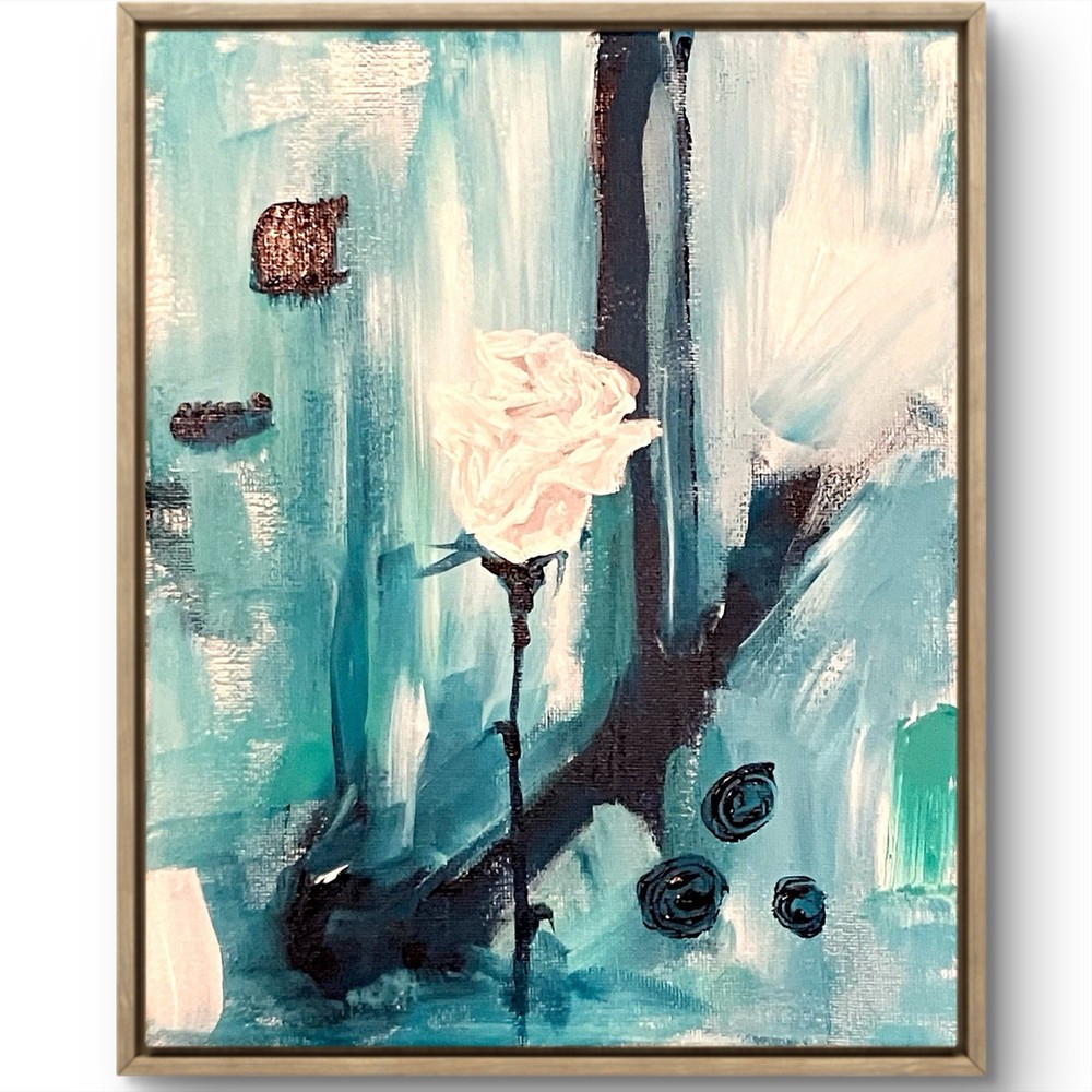 TITA PAINTZ White Roses Hand Painted Turquoise Abstract Wall Art 8x10 Canvas