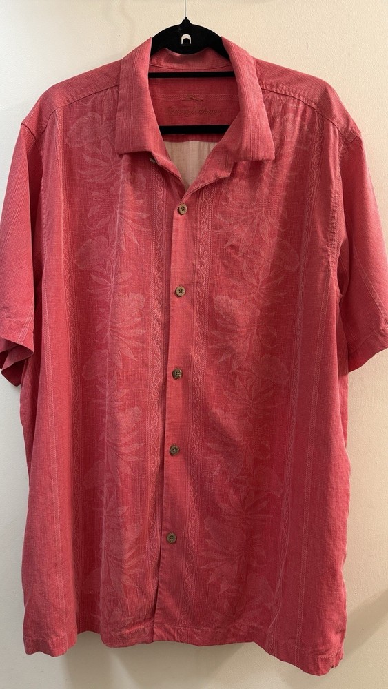 Tommy Bahama Shirt Men XXL 2XL Pink 100% Silk Embroidered Floral Camp Aloha Lux