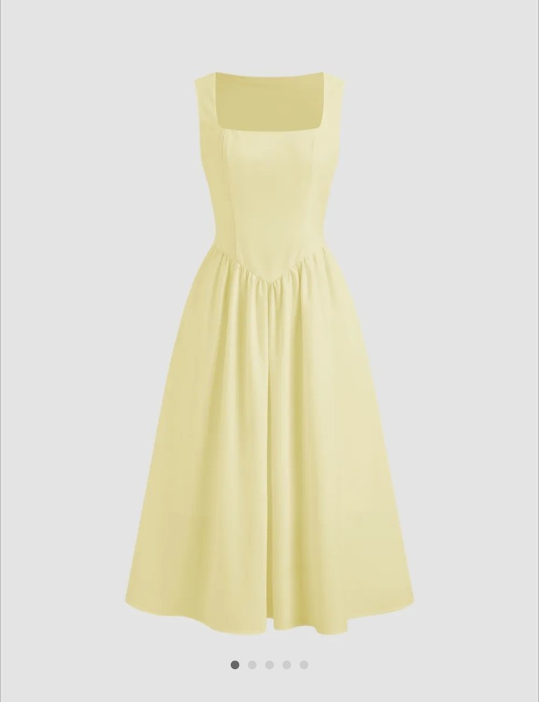 Cider Linen Blend Yellow Square Neck Midi Dress Sleeveless Size L Fit And Flare