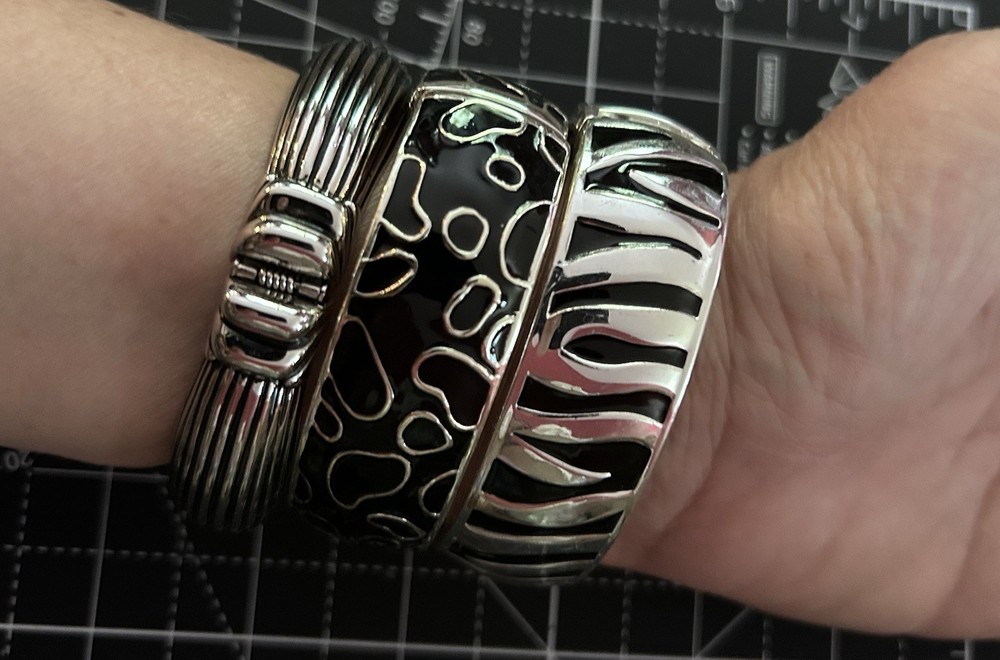 Lot Of 3 Black & Silver Tone Hinged Bracelets