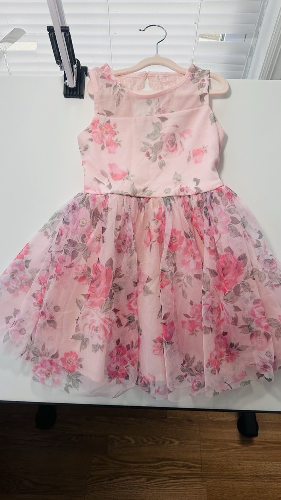 Girls Pink Floral Fit & Flare Tulle Dress – Sleeveless, Knee Length, Party