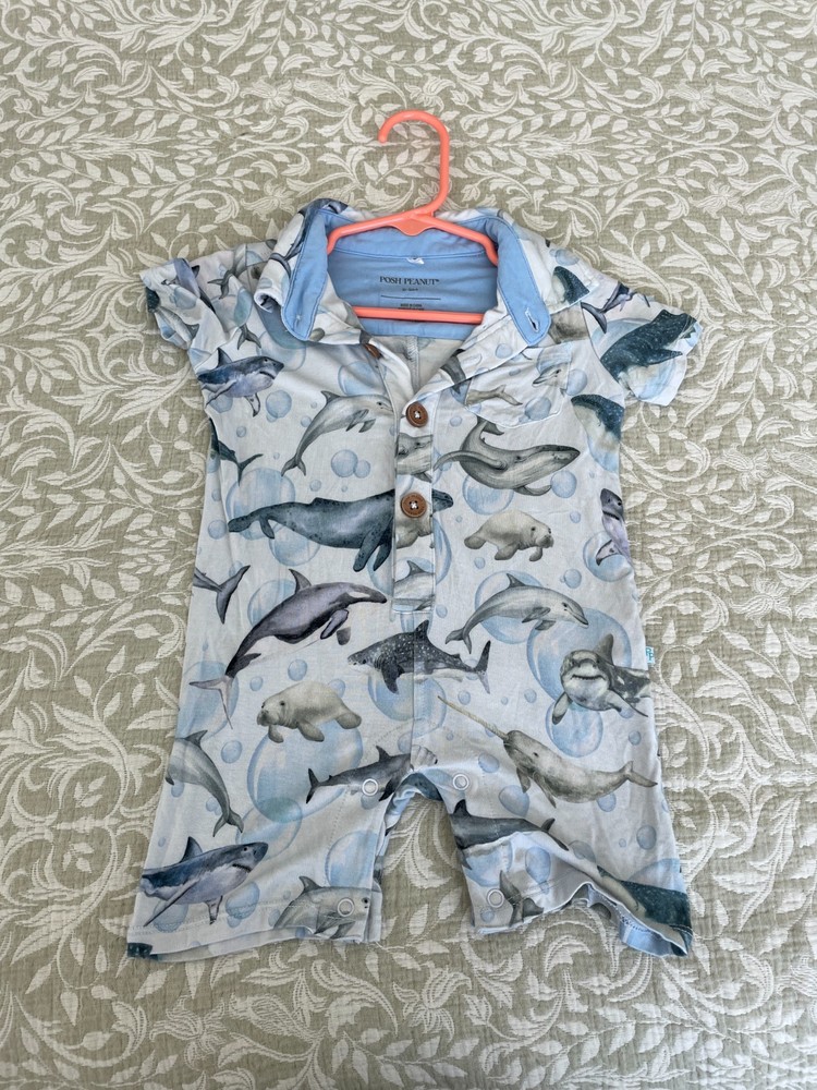 Posh Peanut Bodysuit  Unisex 6-9M Light Blue Shark Print  Bamboo Polo Romper