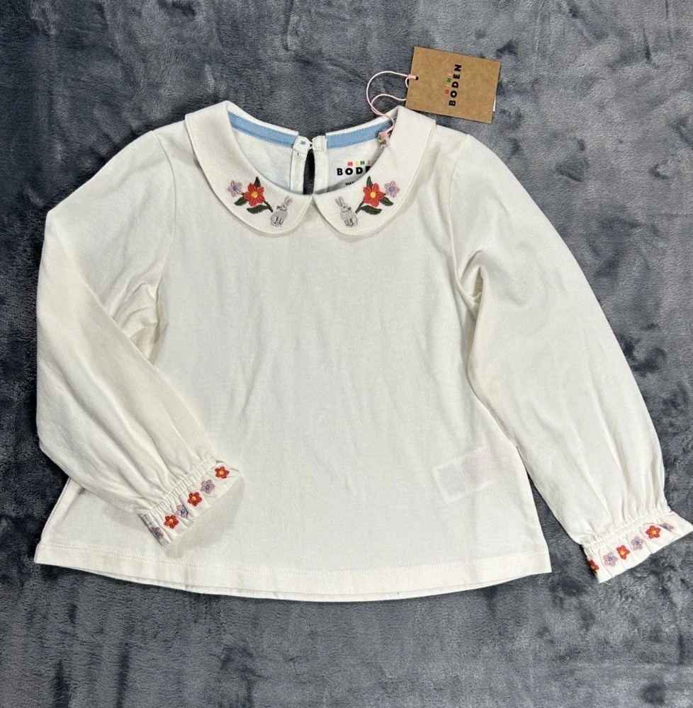 NWT Mini Boden Girls 3-4Y Embroidered Peter Pan Collar Ivory Long Sleeve Shirt