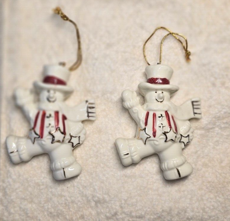 2 Porcelain Christmas Ornaments 24k Gold Accent Snowman-image