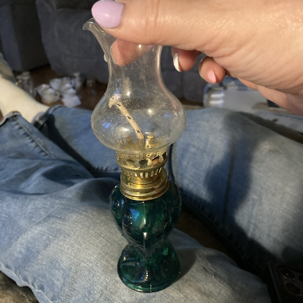 Vintage Miniature 4” Cobalt Blue Glass Kerosene Oil Lamp w Wick