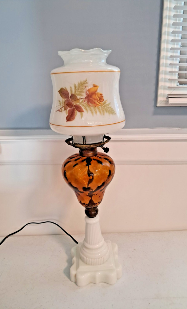 Vintage Amber Glass Electric Hurricane Table Lamp w/ Milk Glass Base-Not Working