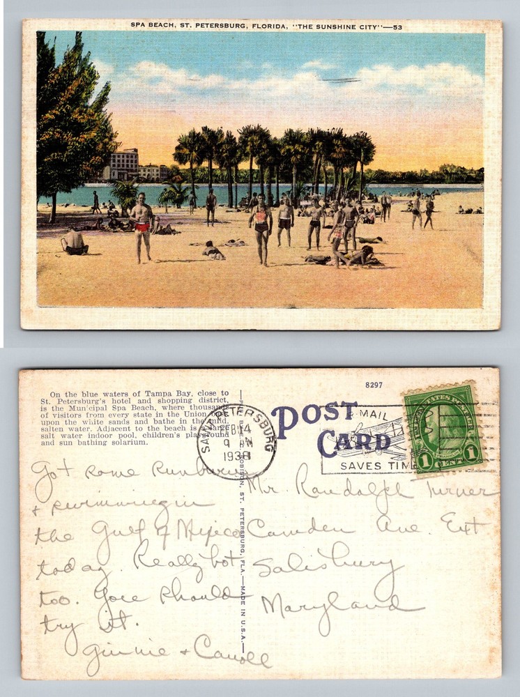 St Petersburg, FL-Florida, Bathers at Municipal Spa Beach Vintage c1938 Postcard