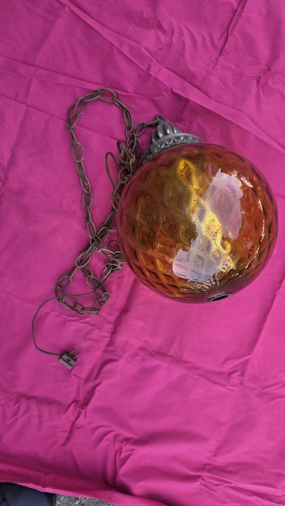 Amber Glass Globe Swag Hanging Lamp w/ Chain, Brown Cord, Switch Control