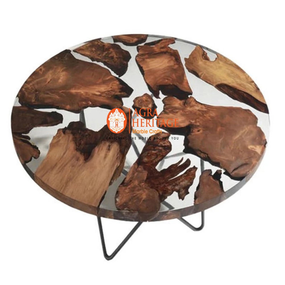 Acacia Wood Round Coffee Table Clear Resin River Epoxy Table Handmade Furniture-image
