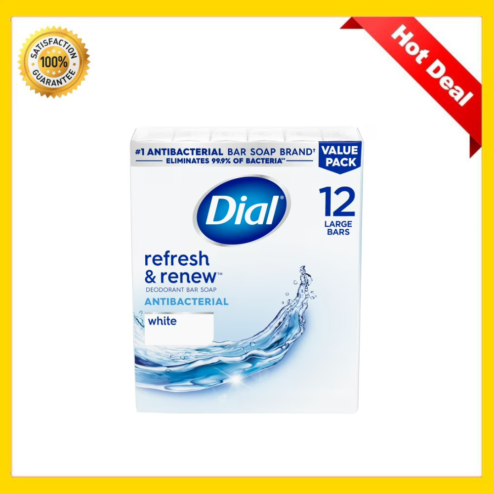 Dial Antibacterial Bar Soap, Refresh & Renew, White, 4 oz, 12 Bars