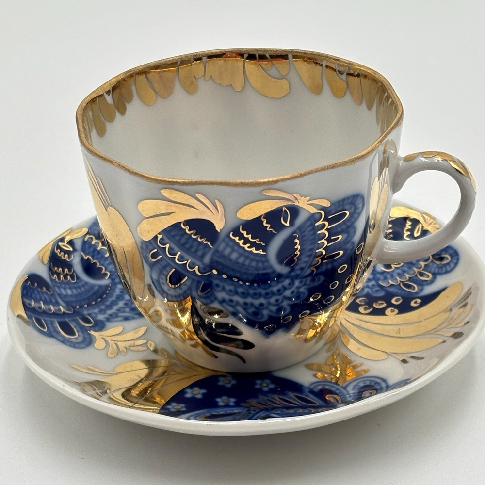 Russian Lomonosov USSR Cobalt Blue Firebird Golden Garden Teacup Saucer 22K Gold