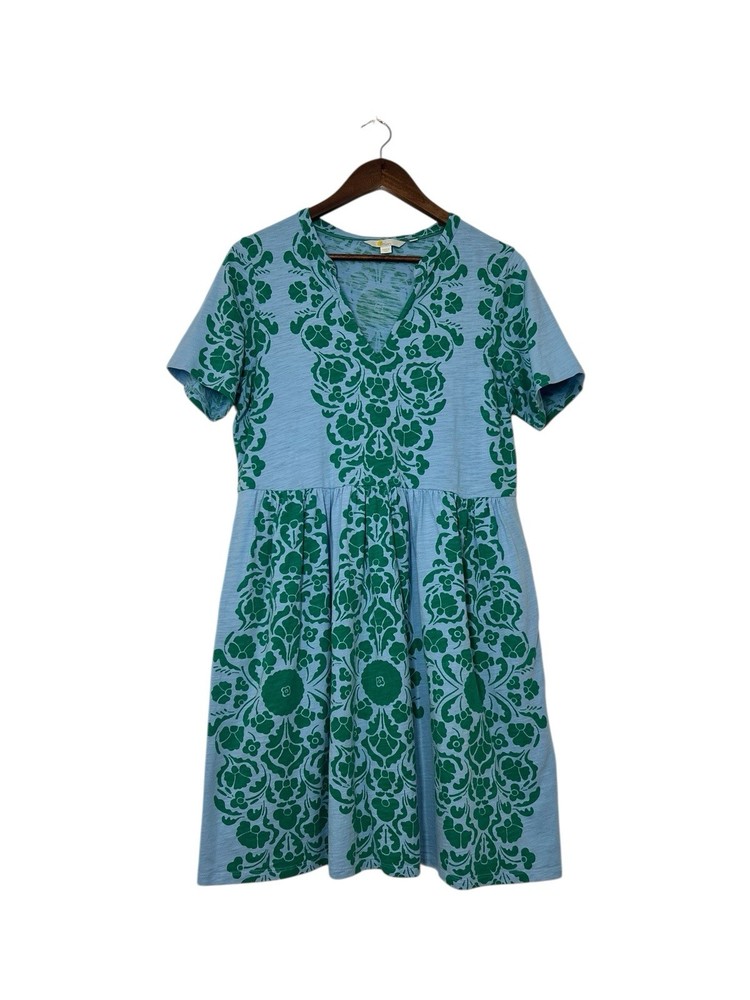 Boden Easy Notch Neck Jersey Dress 10R Blue Green Floral Design A-Line Pockets
