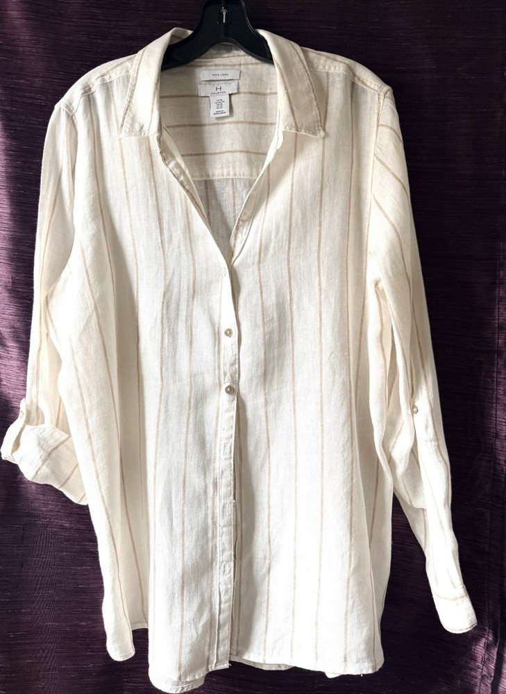 H by Halston 100% Linen Button Down Shirt Size XL Striped Beachy Coastal