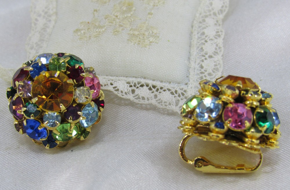 Multi-Colored Rhinestone Signed Judy Lee Gold Tone Clip-On Earrings