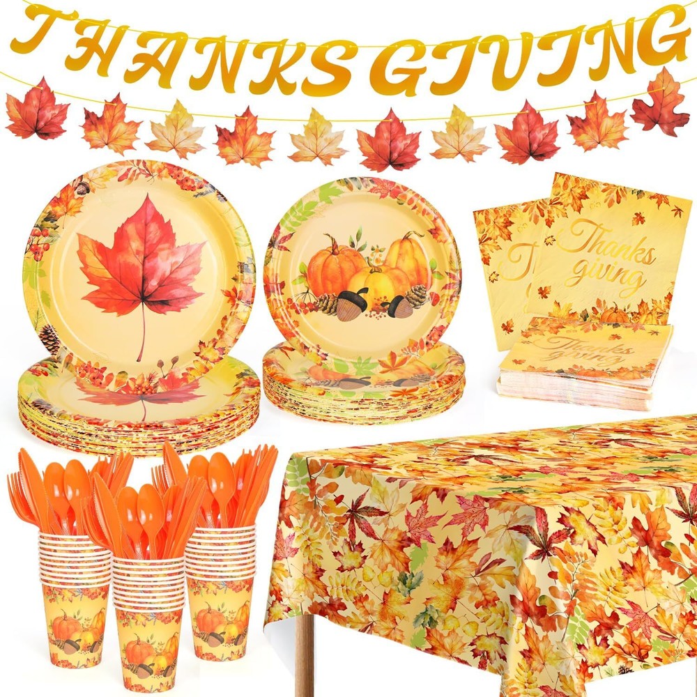 178-Piece Fall Maple Leaf Dinnerware Set for Thanksgiving Parties with Pumpkin Decorations