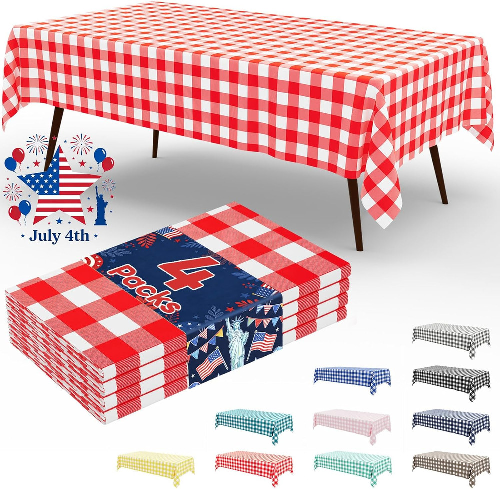 4 Packs Buffalo Disposable Table Cloth, 54 X 108 Inch Waterproof Plastic Tablecl