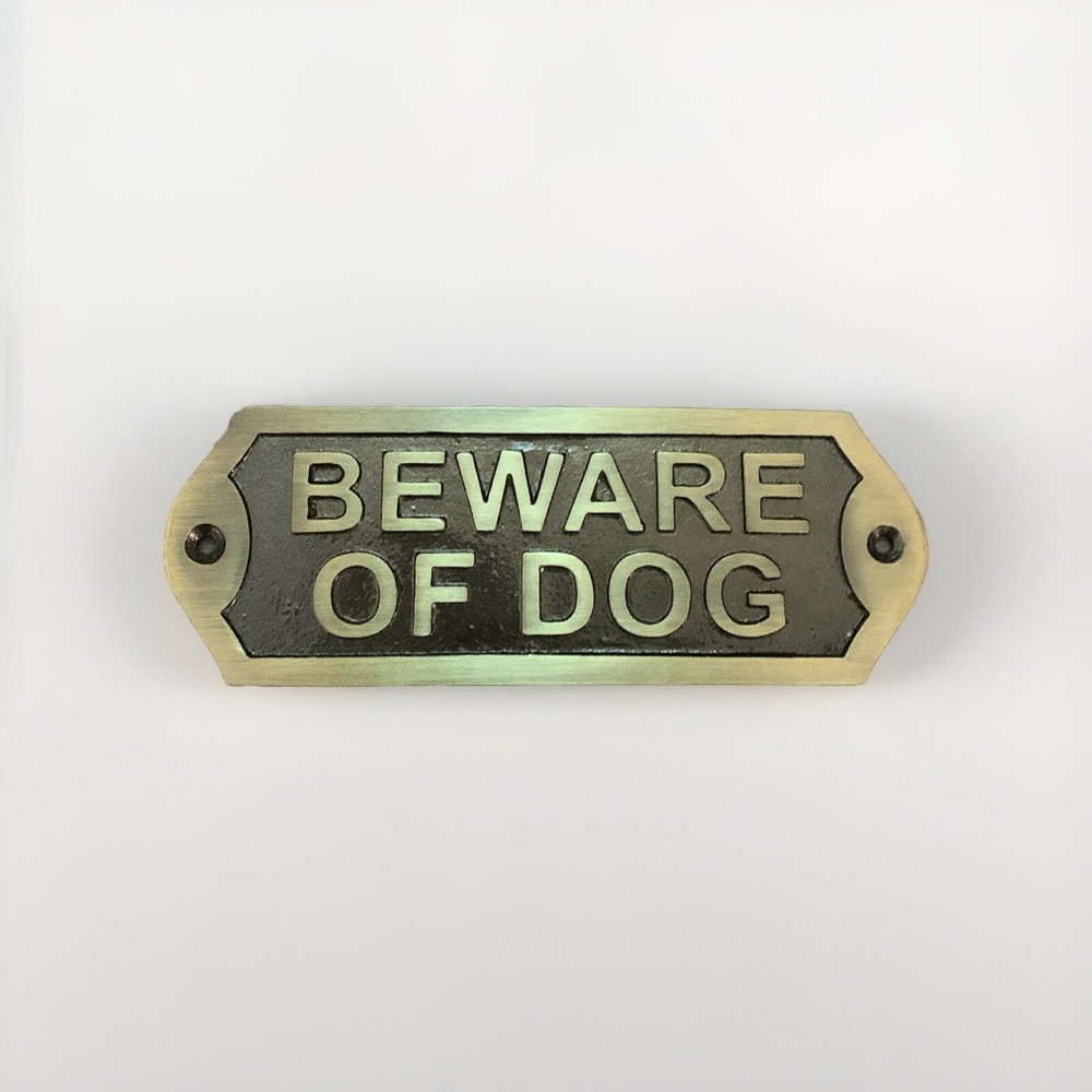 Cast Iron Beware of Dog Sign | Rustic Antique Brass Dog Warning Wall Décor
