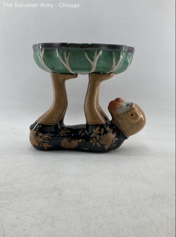 Multicolor Ceramic Hand-Painted Decorative Monkey Holding Bowl Figurine