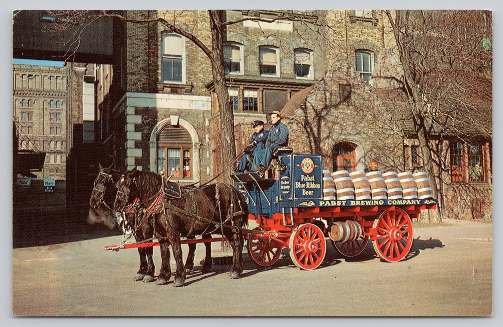 1957 Pabst Brewing Horse-Drawn Wagon Milwaukee Photochrome Postcard