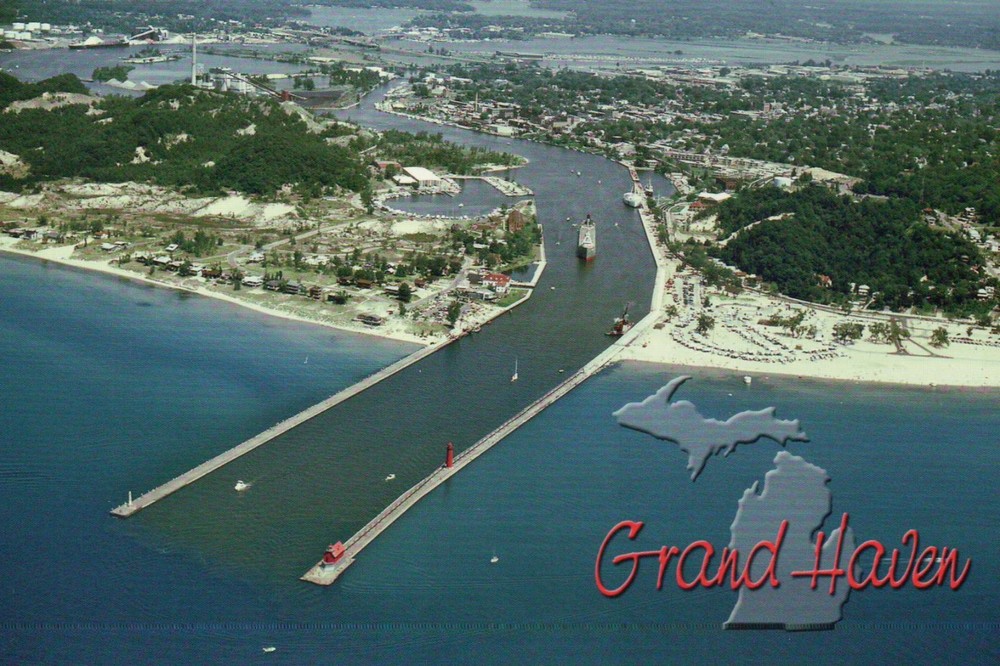 Aerial View of Grand Haven Michigan, Waterway, Ship, Lake, Beach etc -- Postcard