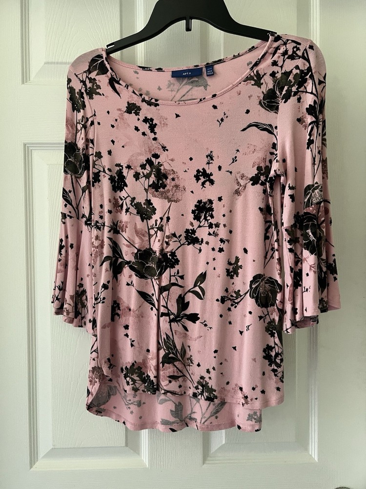 Apt. 9 Womens Blouse Pink Black Floral Bell Sleeve Scoop Neck Ruffles Top PXS