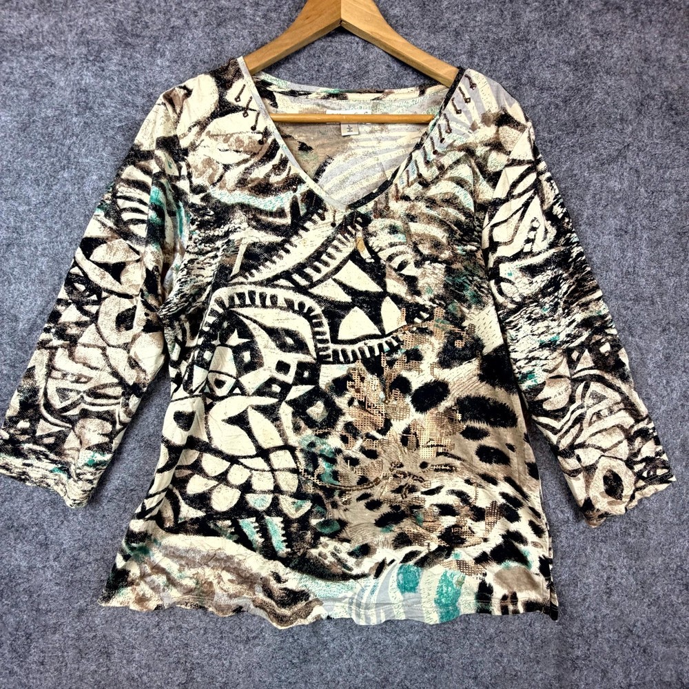Coldwater Creek Top Womens Large Beige Black Animal Print Artsy Abstract Beaded