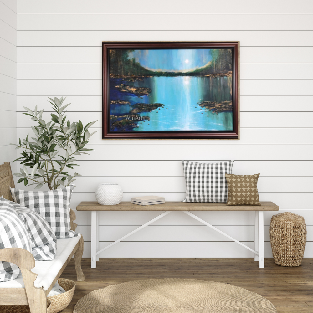 Framed Original Acrylic Painting Lake Moonlight Landscape Fine Art Home Decor