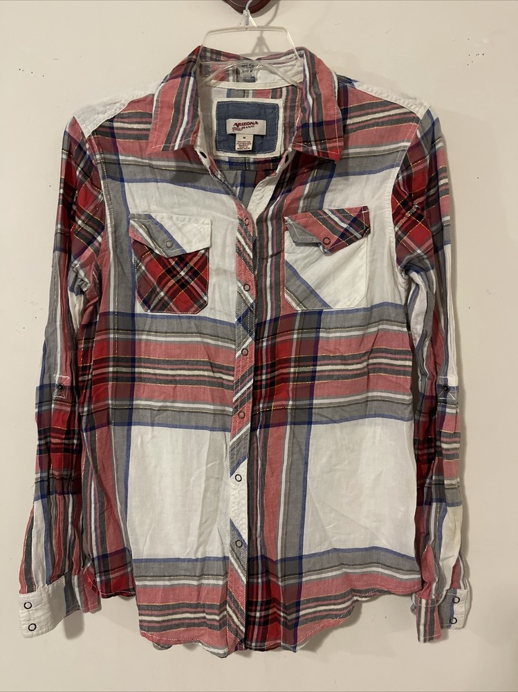 Arizona Jeans Womens Medium Snap-Button Cotton Flannel Plaid Shirt! A5387