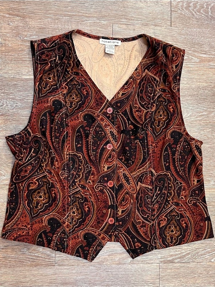 Vintage 90s Notations Paisley Vest Black Rust Gold V-Neck Button Front | Size: L