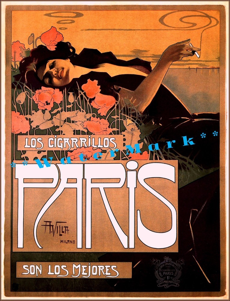 Vintage Spanish Cigar Art Los Cigarrillos Paris 1910 Retro Poster