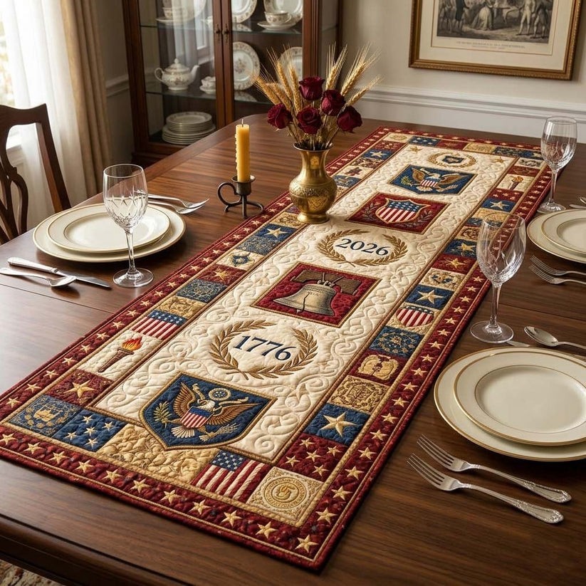 USA 1776-2026 Quilt Table Runner Patriotic Liberty Bell 250th Anniversary Decor