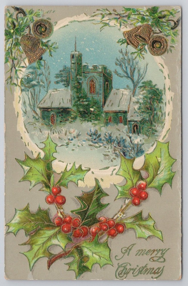 Embossed Christmas Postcard c1910 Winter Village Scene Holly Bells German