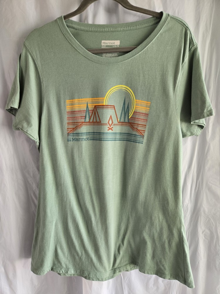 Marmot Unisex Graphic T Shirt Large Green Mountains Sun Logo Short Sleeve