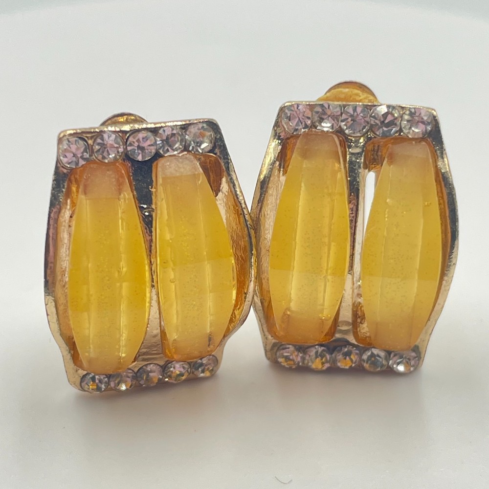 Vintage 1980s Yellow Lucite Rhinestone Chunky Hoop Clip-On Earrings Gold Tone