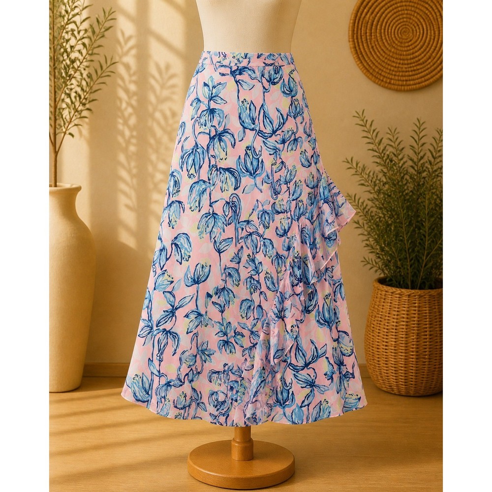 Lilly Pulitzer Pink Blue Floral Chiffon Ruffle Maxi Skirt Size 12 High Waist