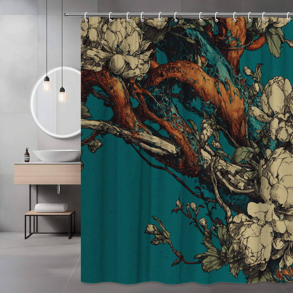Floral Branch Shower Curtain Teal Orange Cream Botanical Print